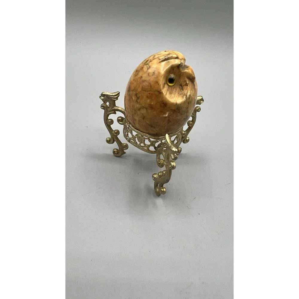 Vintage Alabaster OWL hand carved in Italy c1970 In Stand‎